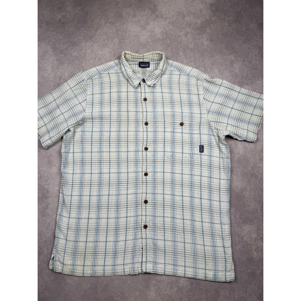 Patagonia Mens XL Organic Cotton Plaid Short Sleeve Button Down Shirt Seersucker